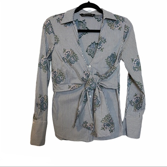 Zara Woman’s Striped Floral Front Tie/Button Shirt - Picture 1 of 12